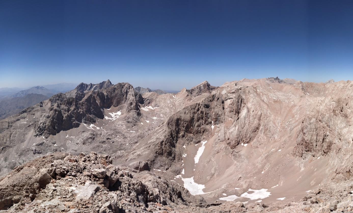 Zirveden Panoramik. Sağ Alt Karlı Kısım Tayyare Çukuru, Kaldı, Suluğankaya, Gürtepe vd. Zirveler